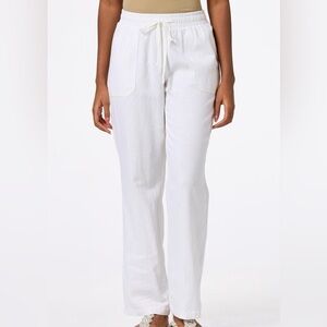 CATO Women's Solid Linen Pants Drawstring Beach White Sz L Pockets Lounge Wear